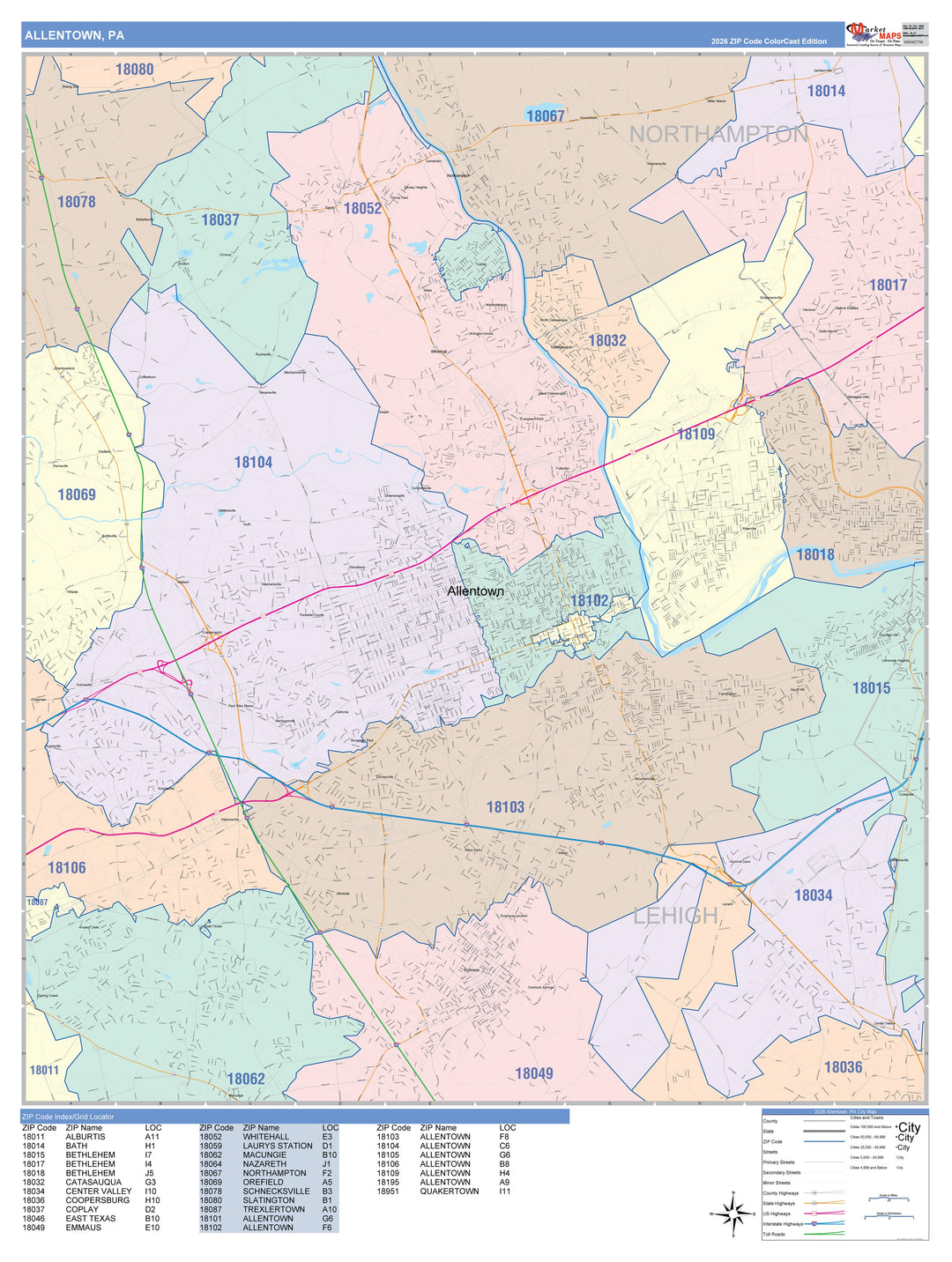 Color Cast Zip Code Style Wall Map of Allentown, PA