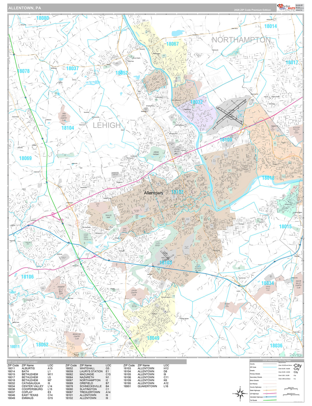 Premium Style Wall Map of Allentown, PA