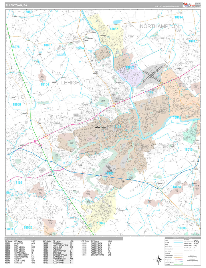 Premium Style Wall Map of Allentown, PA