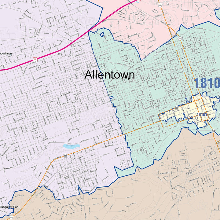Color Cast Zip Code Style Wall Map of Allentown, PA