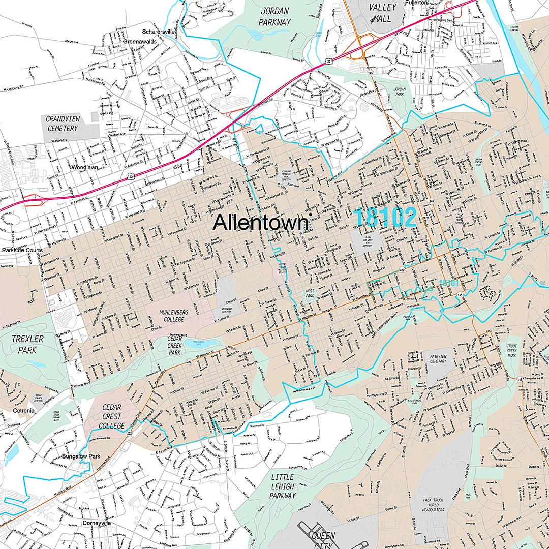 Premium Style Wall Map of Allentown, PA