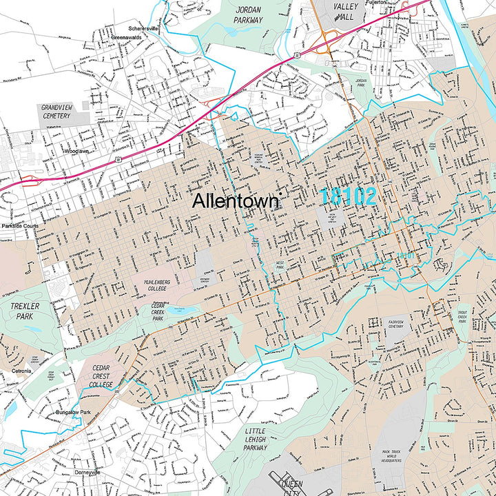 Premium Style Wall Map of Allentown, PA