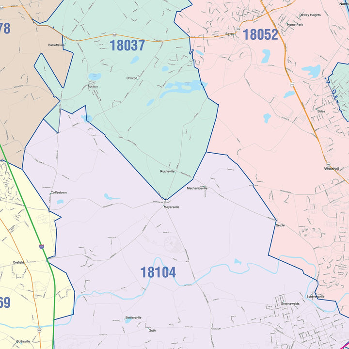 Color Cast Zip Code Style Wall Map of Allentown, PA