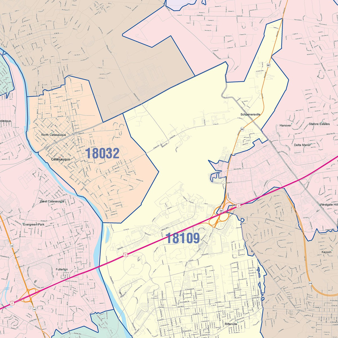 Color Cast Zip Code Style Wall Map of Allentown, PA