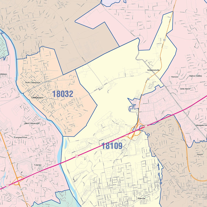 Color Cast Zip Code Style Wall Map of Allentown, PA