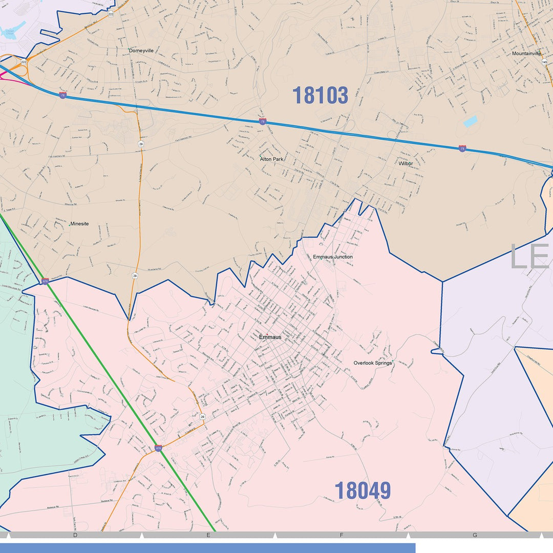 Color Cast Zip Code Style Wall Map of Allentown, PA