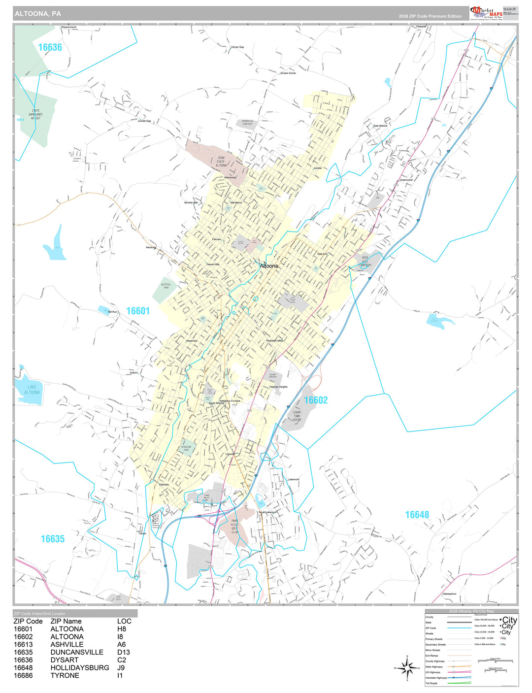 Premium Style Wall Map of Altoona, PA