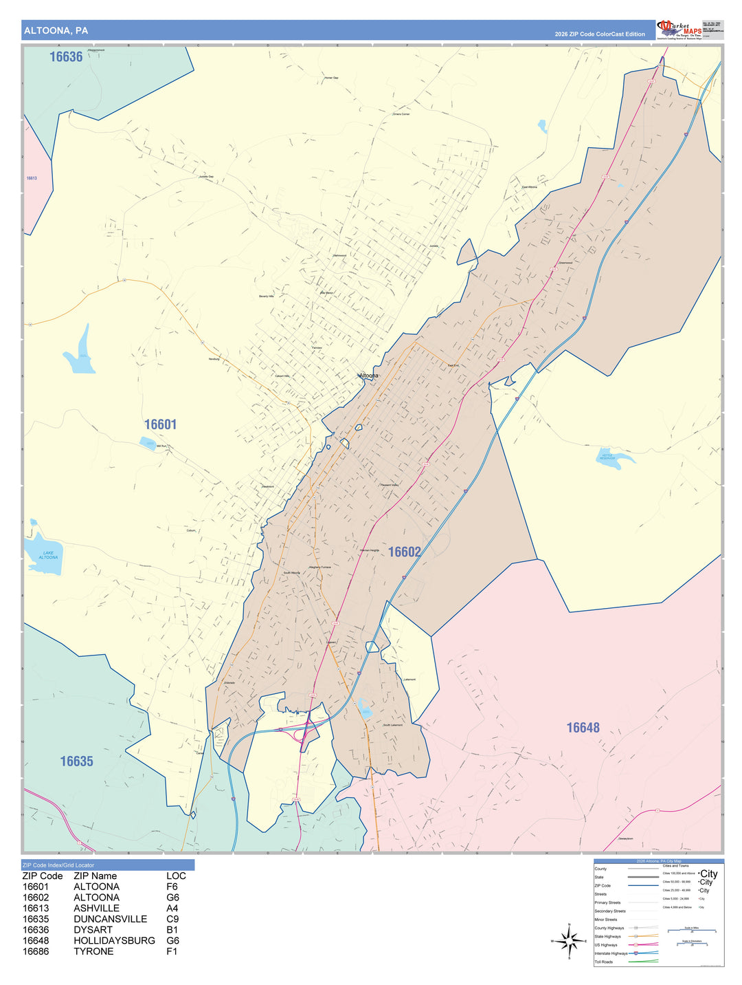 Color Cast Zip Code Style Wall Map of Altoona, PA