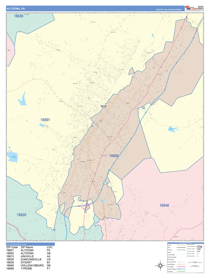 Color Cast Zip Code Style Wall Map of Altoona, PA