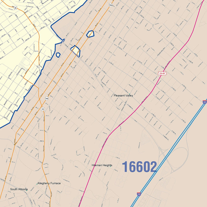 Color Cast Zip Code Style Wall Map of Altoona, PA