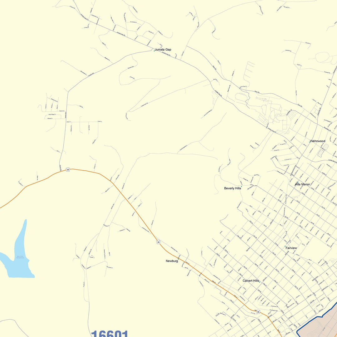 Color Cast Zip Code Style Wall Map of Altoona, PA