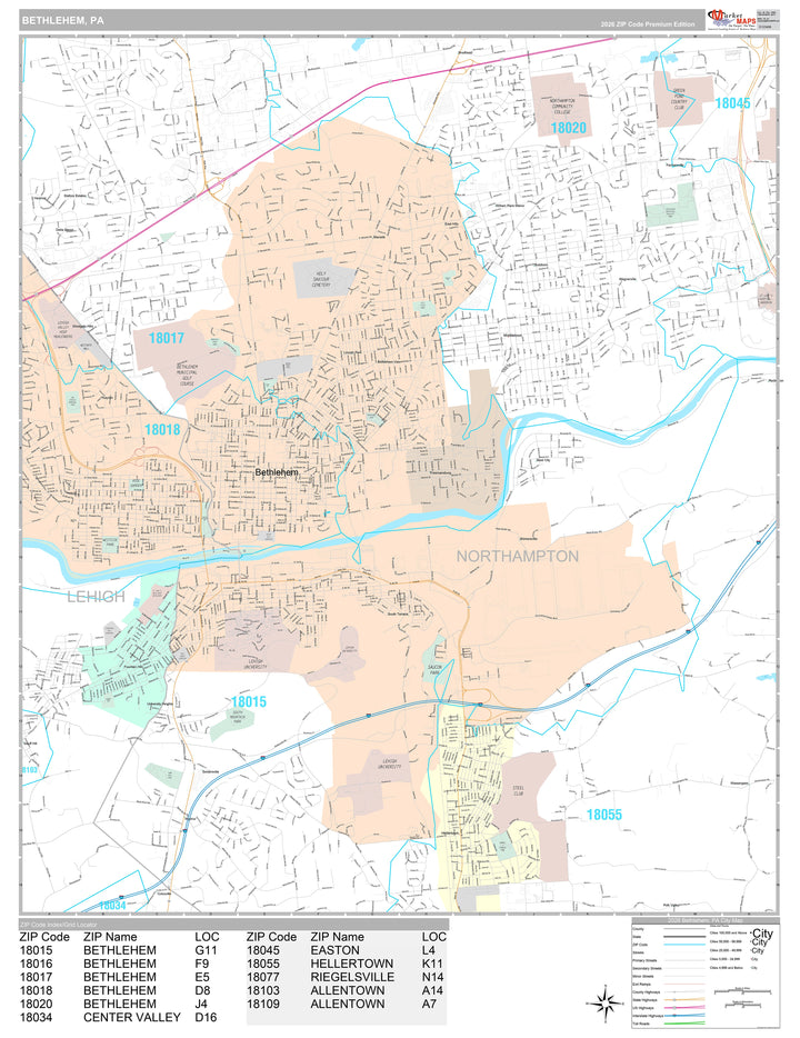 Premium Style Wall Map of Bethlehem, PA