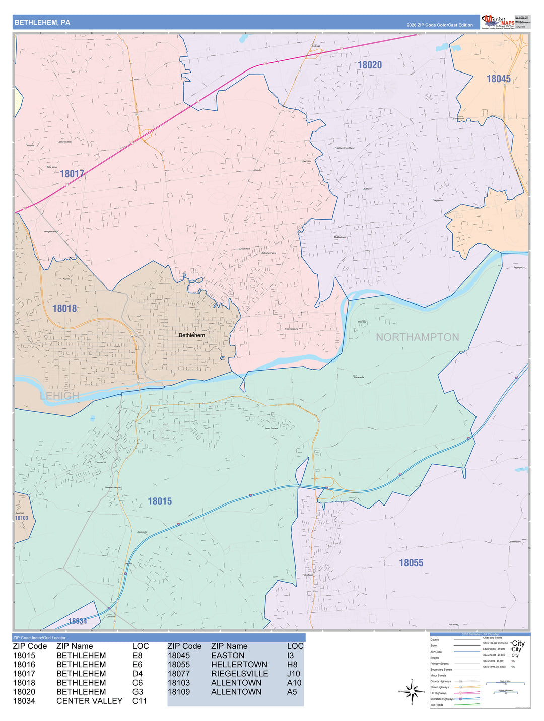 Color Cast Zip Code Style Wall Map of Bethlehen, PA