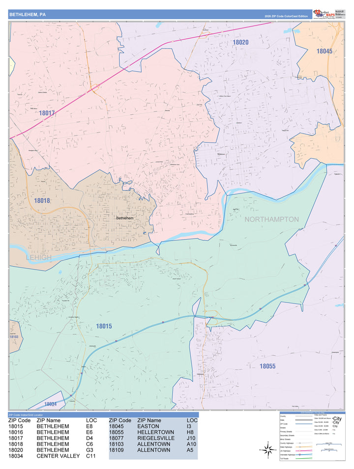 Color Cast Zip Code Style Wall Map of Bethlehen, PA