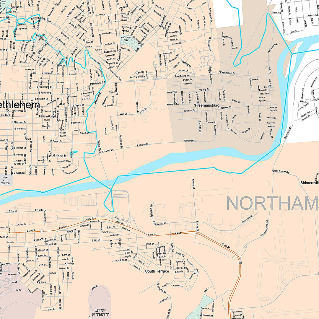 Premium Style Wall Map of Bethlehem, PA