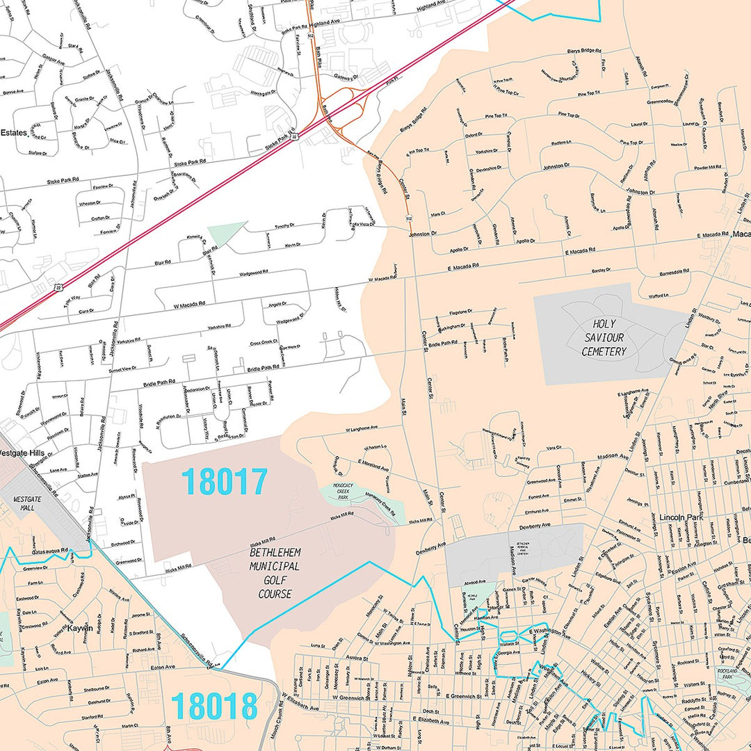 Premium Style Wall Map of Bethlehem, PA