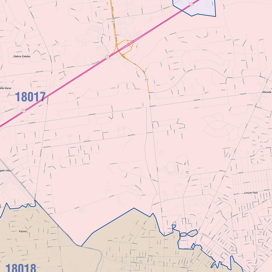 Color Cast Zip Code Style Wall Map of Bethlehen, PA