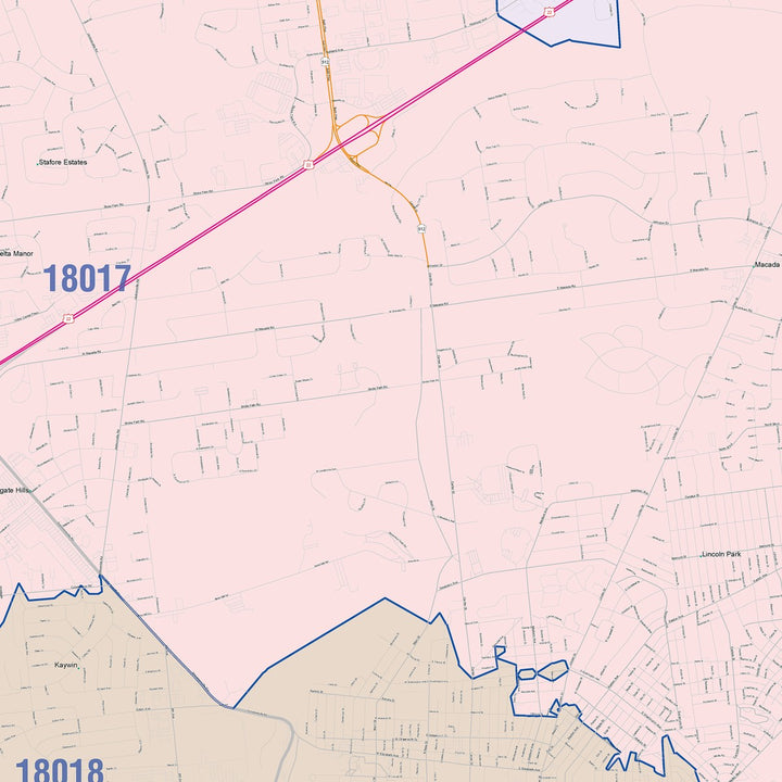 Color Cast Zip Code Style Wall Map of Bethlehen, PA