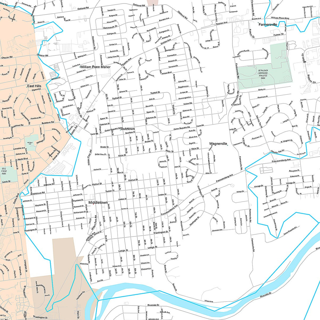 Premium Style Wall Map of Bethlehem, PA