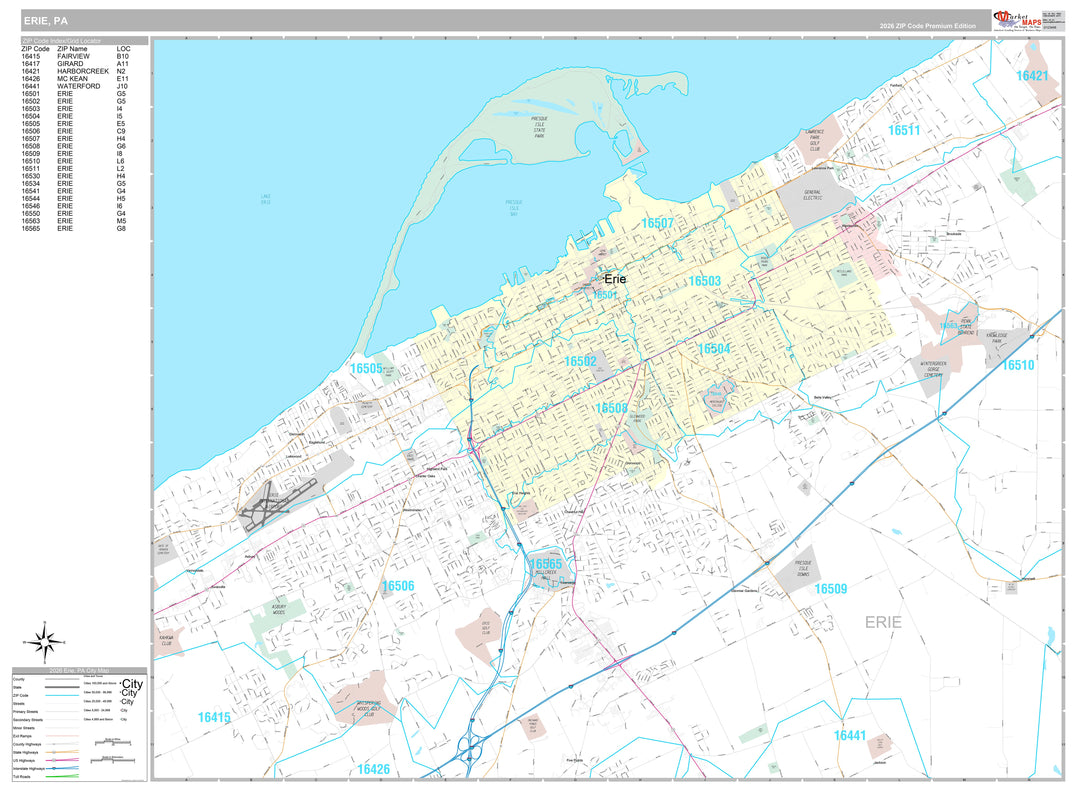 Premium Style Wall Map of Erie, PA