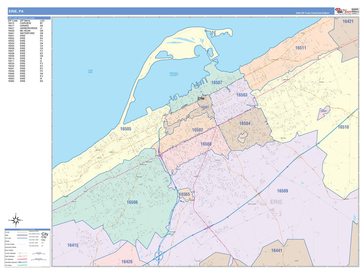 Color Cast Zip Code Style Wall Map of Erie, PA