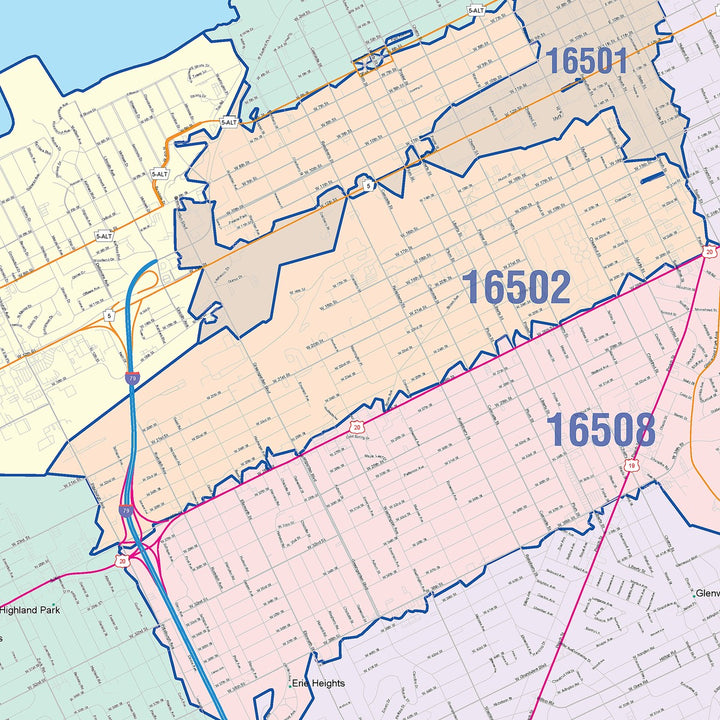 Color Cast Zip Code Style Wall Map of Erie, PA