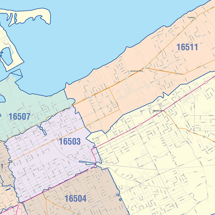 Color Cast Zip Code Style Wall Map of Erie, PA
