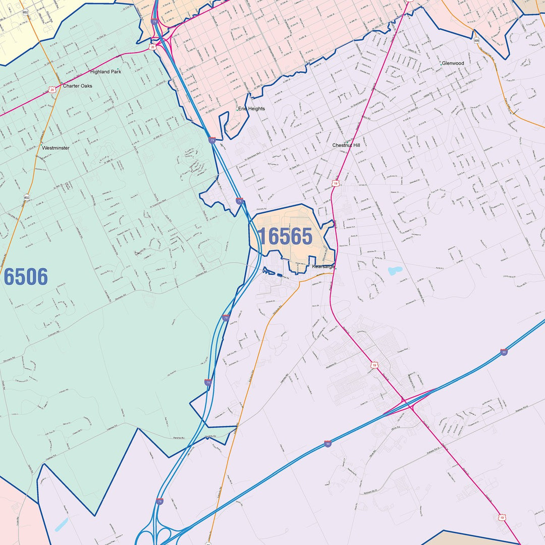 Color Cast Zip Code Style Wall Map of Erie, PA