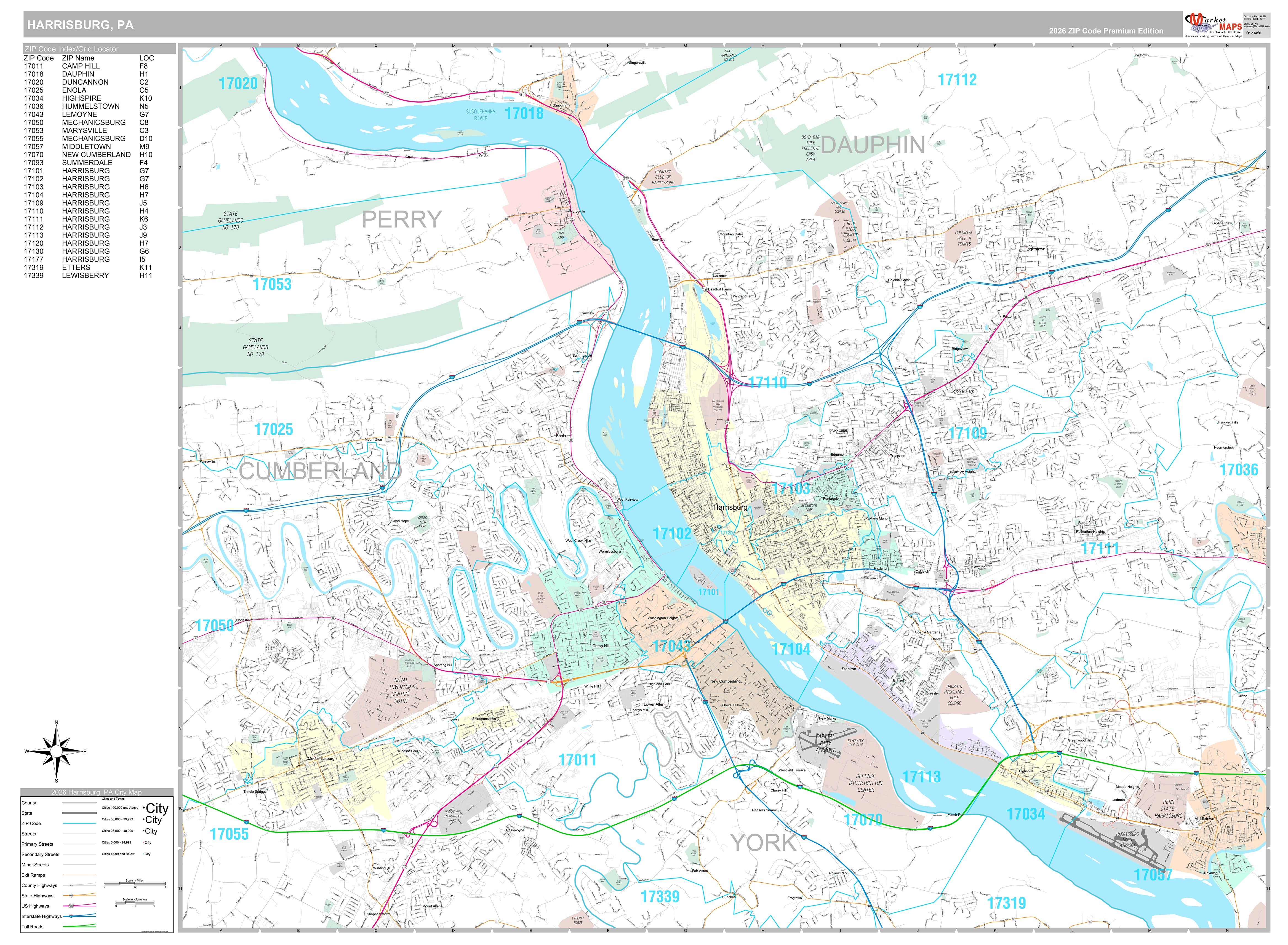 Premium Style Wall Map of Harrisburg, PA – American Map Store