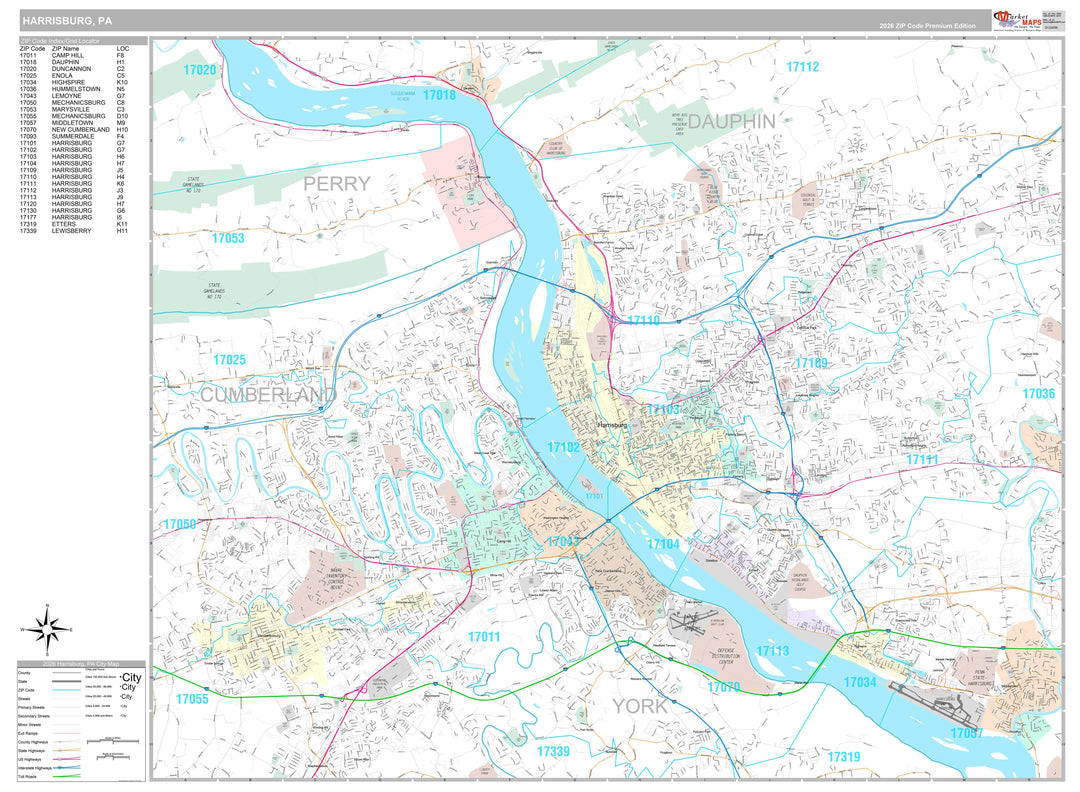 Premium Style Wall Map of Harrisburg, PA