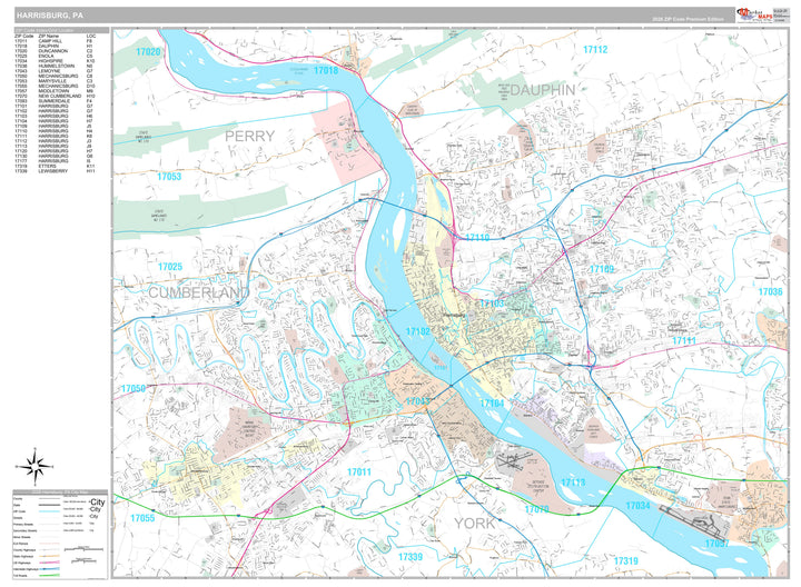 Premium Style Wall Map of Harrisburg, PA