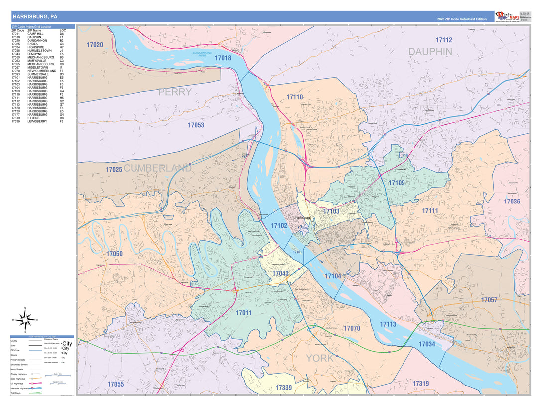 Color Cast Zip Code Style Wall Map of Harrisburg, PA