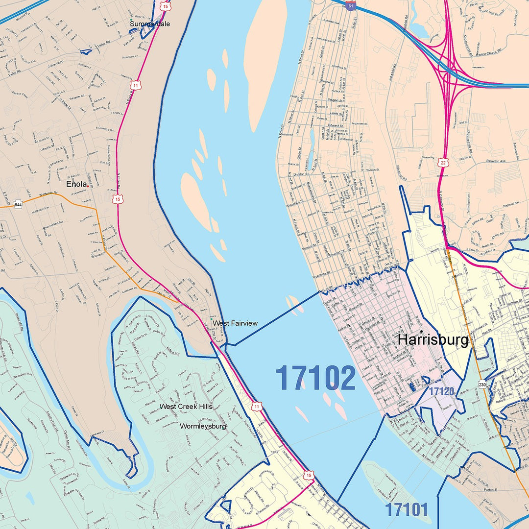 Color Cast Zip Code Style Wall Map of Harrisburg, PA