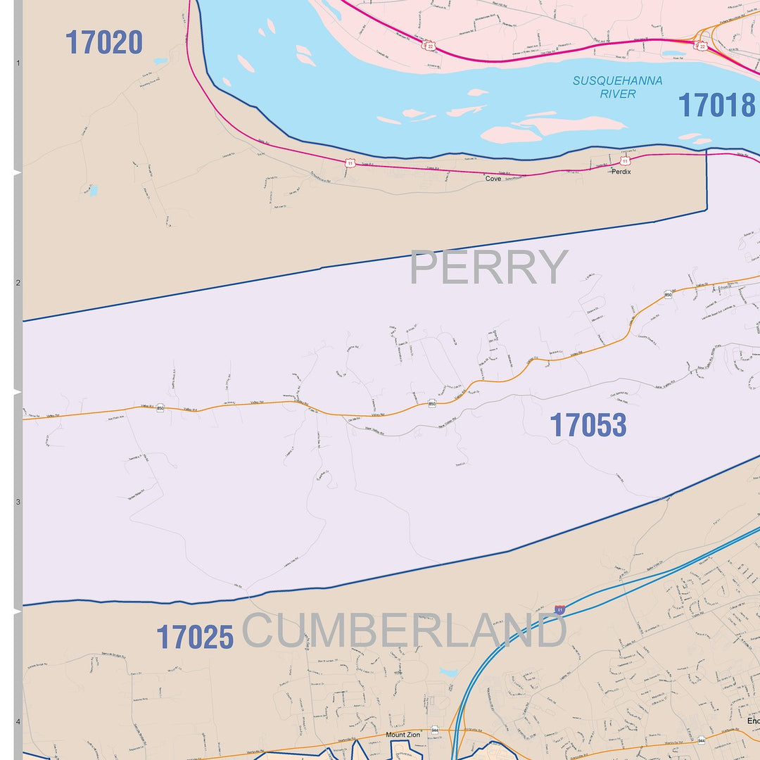 Color Cast Zip Code Style Wall Map of Harrisburg, PA