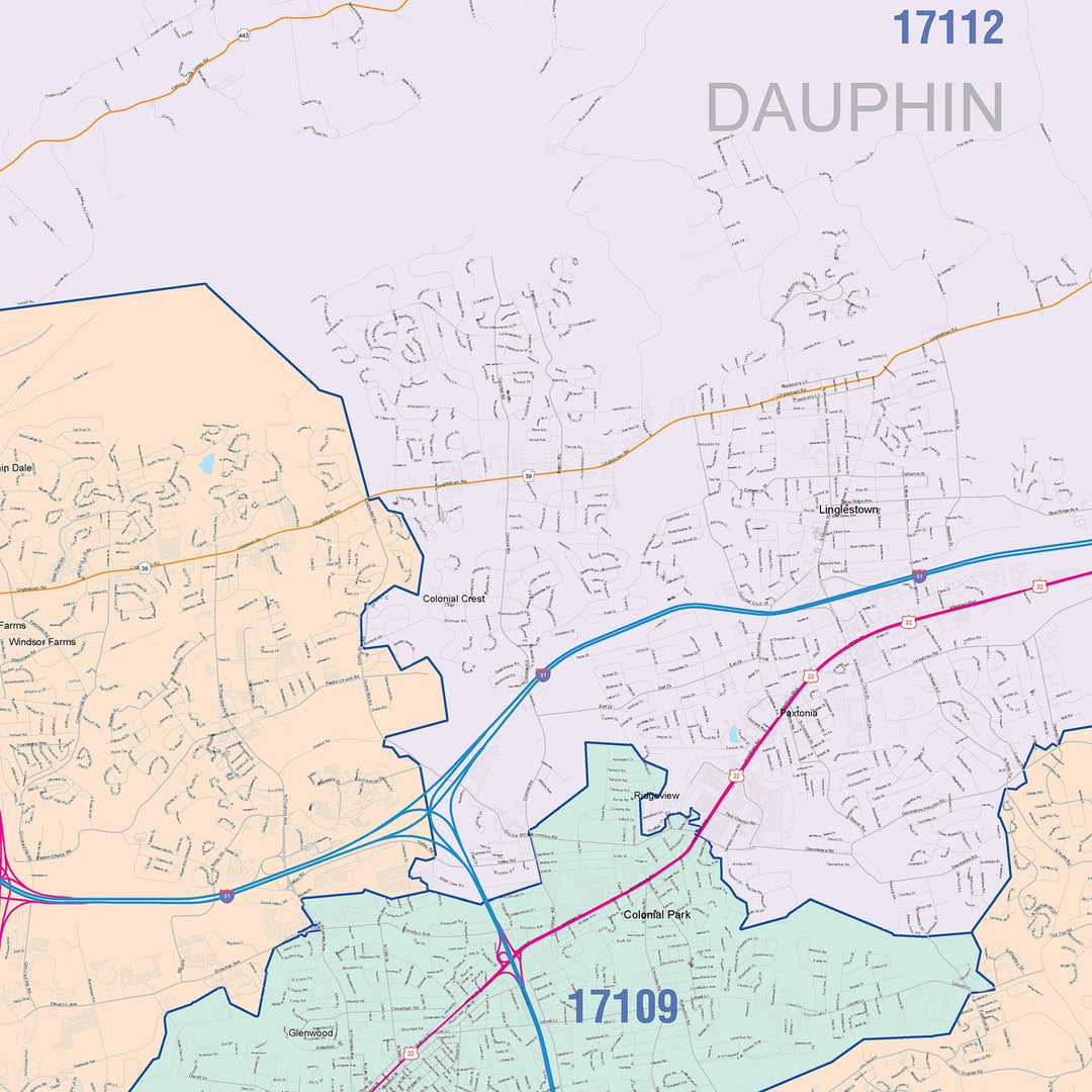 Color Cast Zip Code Style Wall Map of Harrisburg, PA