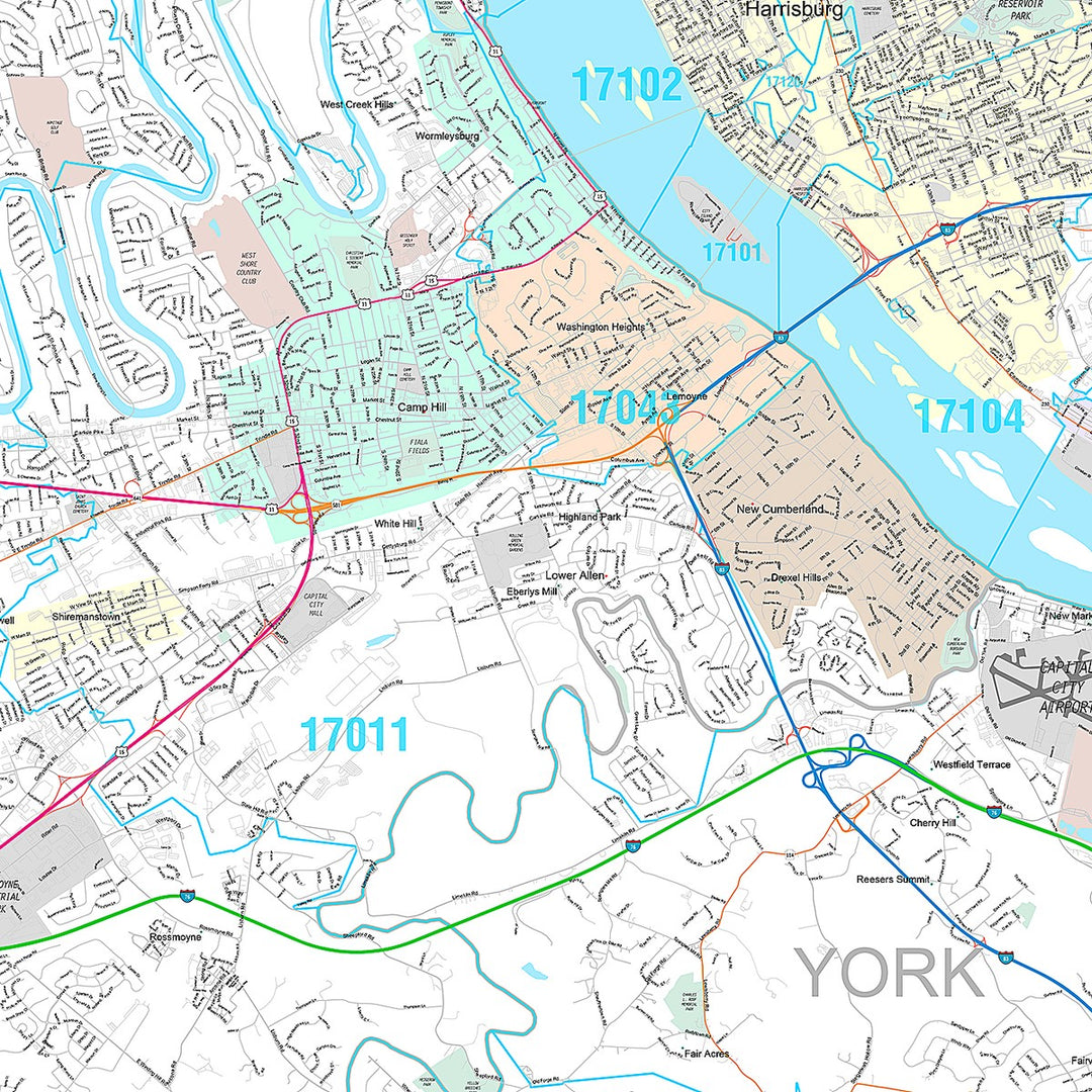 Premium Style Wall Map of Harrisburg, PA
