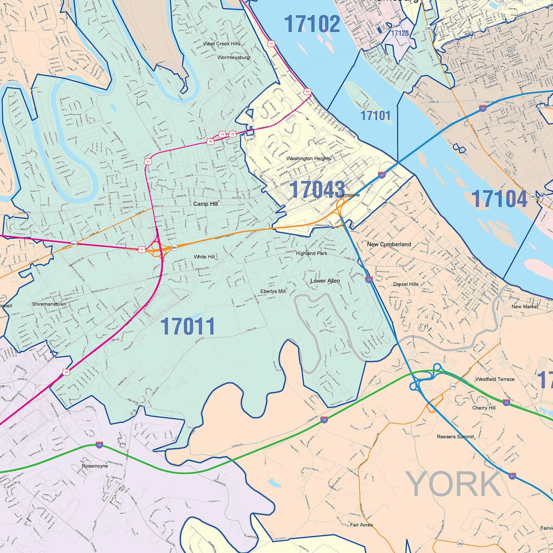 Color Cast Zip Code Style Wall Map of Harrisburg, PA