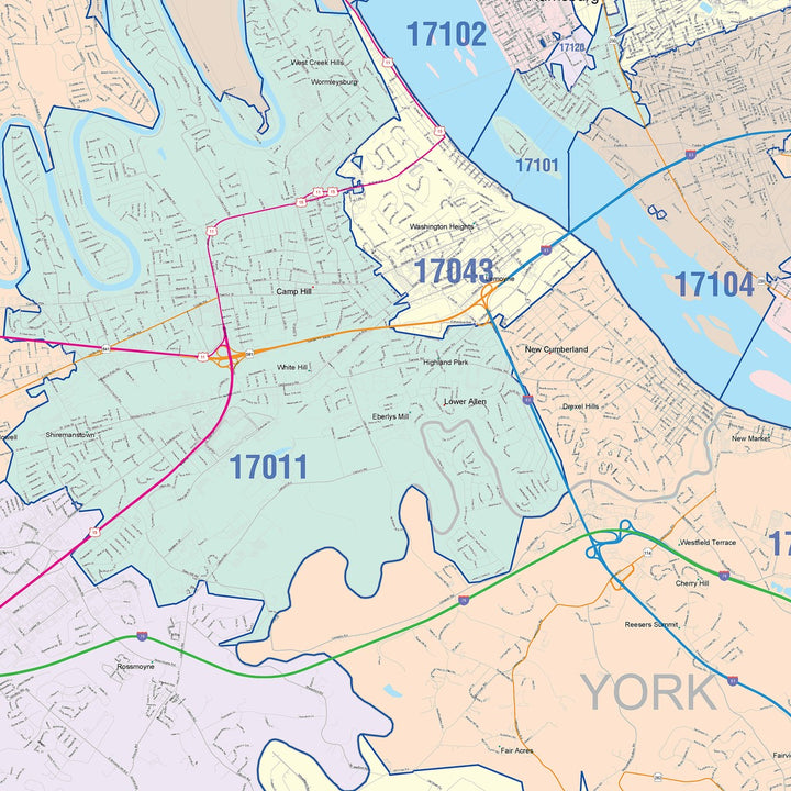 Color Cast Zip Code Style Wall Map of Harrisburg, PA