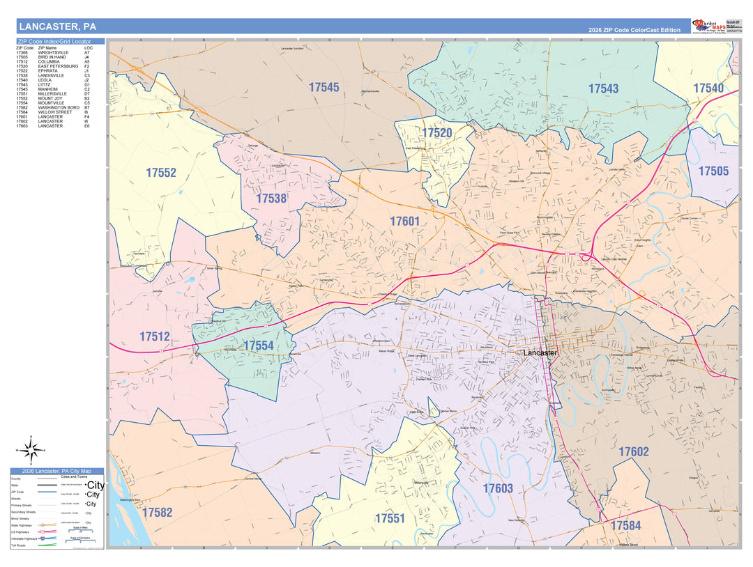 Color Cast Zip Code Style Wall Map of Lancaster, PA