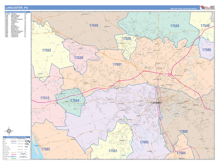 Color Cast Zip Code Style Wall Map of Lancaster, PA