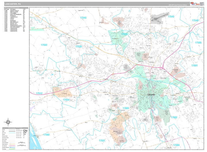 Premium Style Wall Map of Lancaster, PA