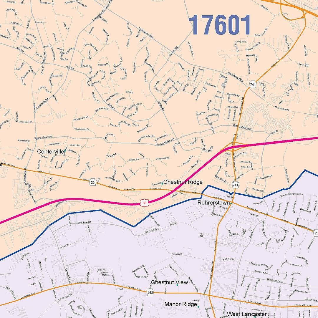 Color Cast Zip Code Style Wall Map of Lancaster, PA