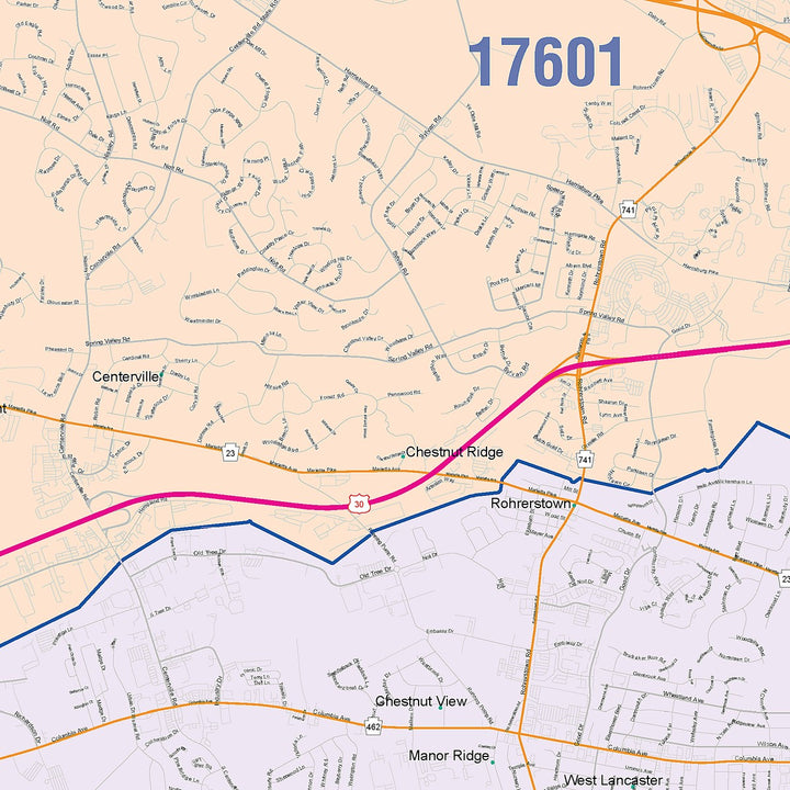 Color Cast Zip Code Style Wall Map of Lancaster, PA