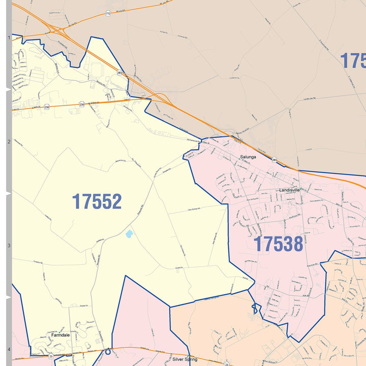 Color Cast Zip Code Style Wall Map of Lancaster, PA
