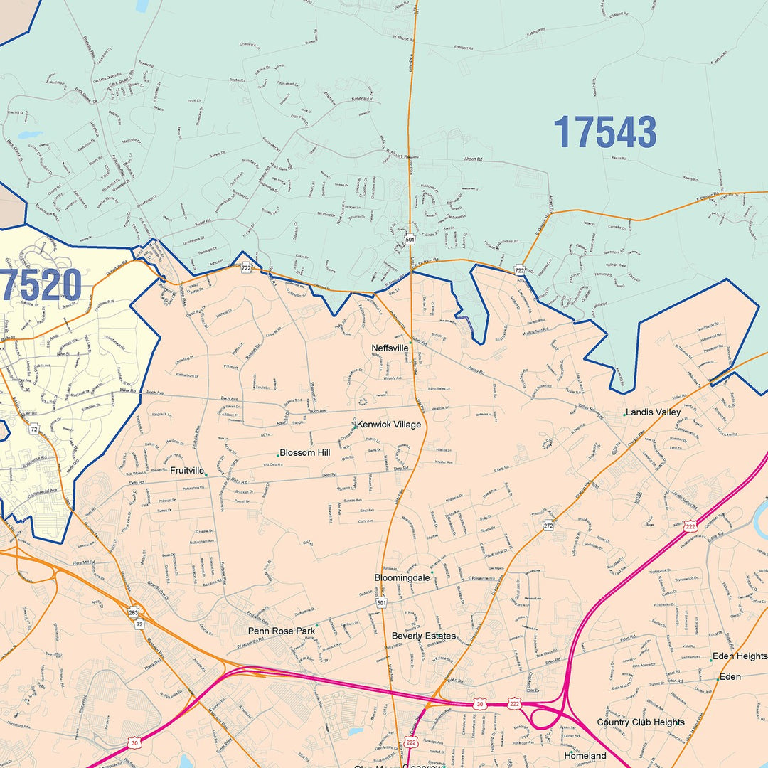 Color Cast Zip Code Style Wall Map of Lancaster, PA