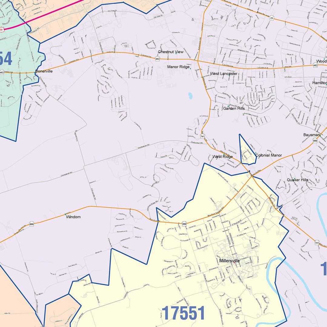 Color Cast Zip Code Style Wall Map of Lancaster, PA