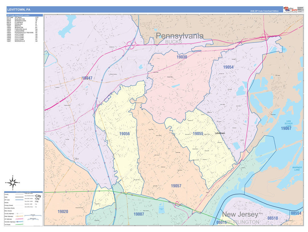 Color Cast Zip Code Style Wall Map of Levittown, PA