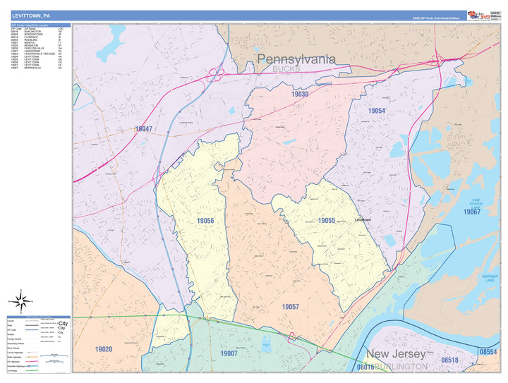 Color Cast Zip Code Style Wall Map of Levittown, PA