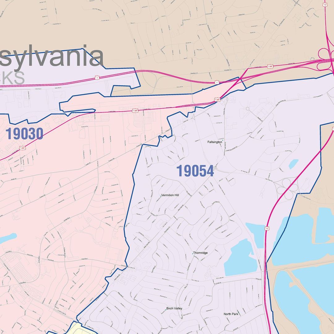 Color Cast Zip Code Style Wall Map of Levittown, PA