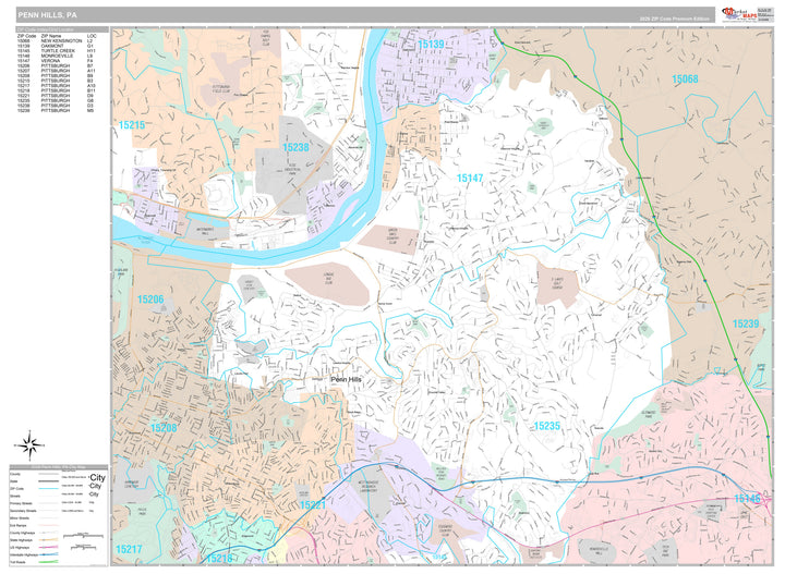 Premium Style Wall Map of Penn Hills, PA